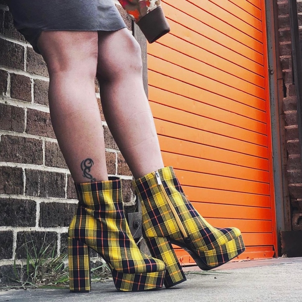 Yellow & Black Plaid Ankle Boots